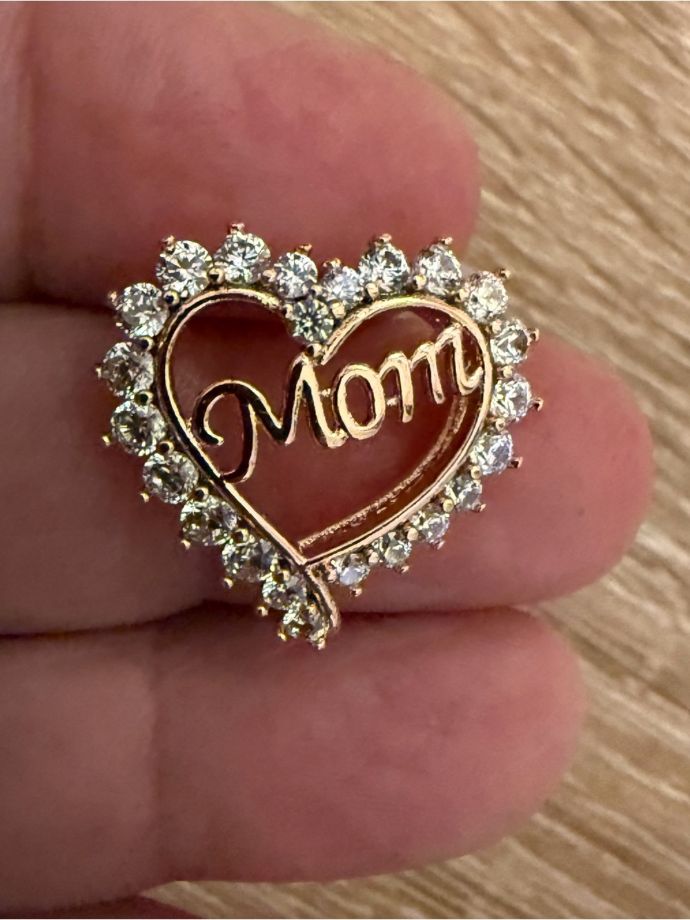 Gold-Tone 'Mom' Heart Pendant with Clear Stones